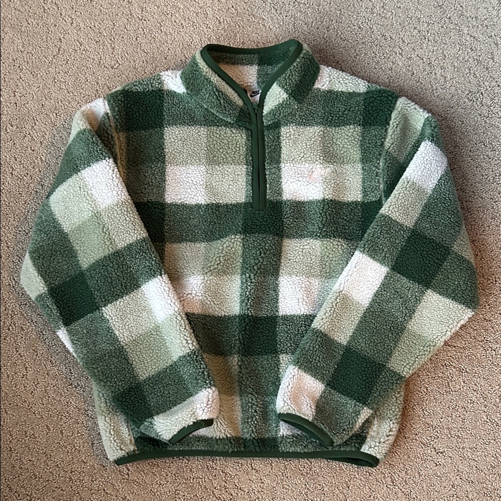 Nike Club Winterized Half-Zip Pullover Plaid Sherpa Jacket Green Men Small NWOT